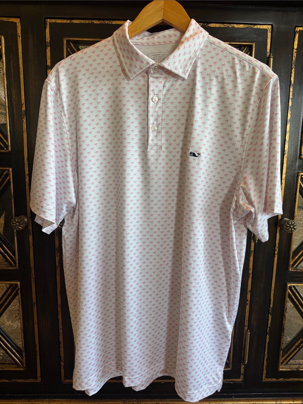 Vineyard Vines White Polo with Pink Microprint